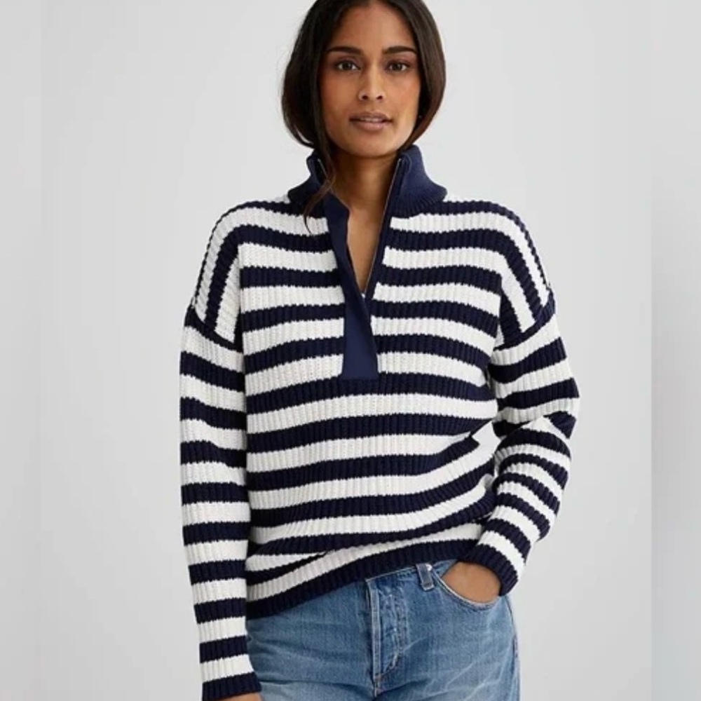 Outerknown Quarter Zip Montauk Sweater Organic Cotton Navy White Striped Sz S